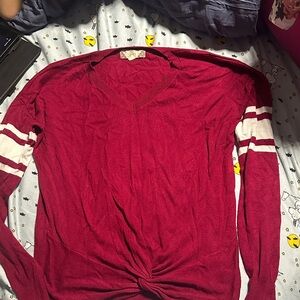 Red V-Neck Sweater with White Stripes